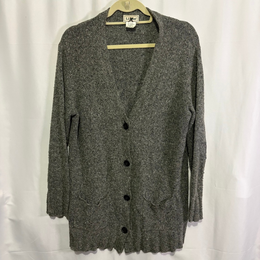 Vintage LL Bean Gray Cotton Lambswool Marl Knit Button Cardigan Sweater Medium